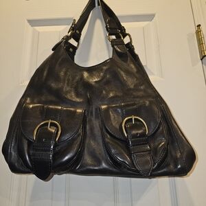 Banana Republic Black Leather Shoulder Bag with Gold Buckles